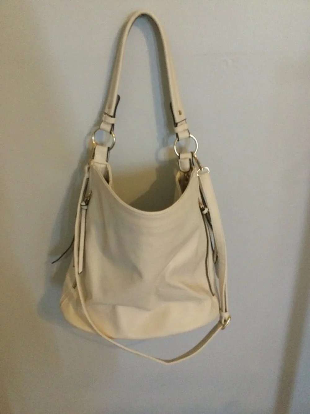Ivory Faux Leather Hobo Shoulder Bag Convertible Crossbody Multi Pocket